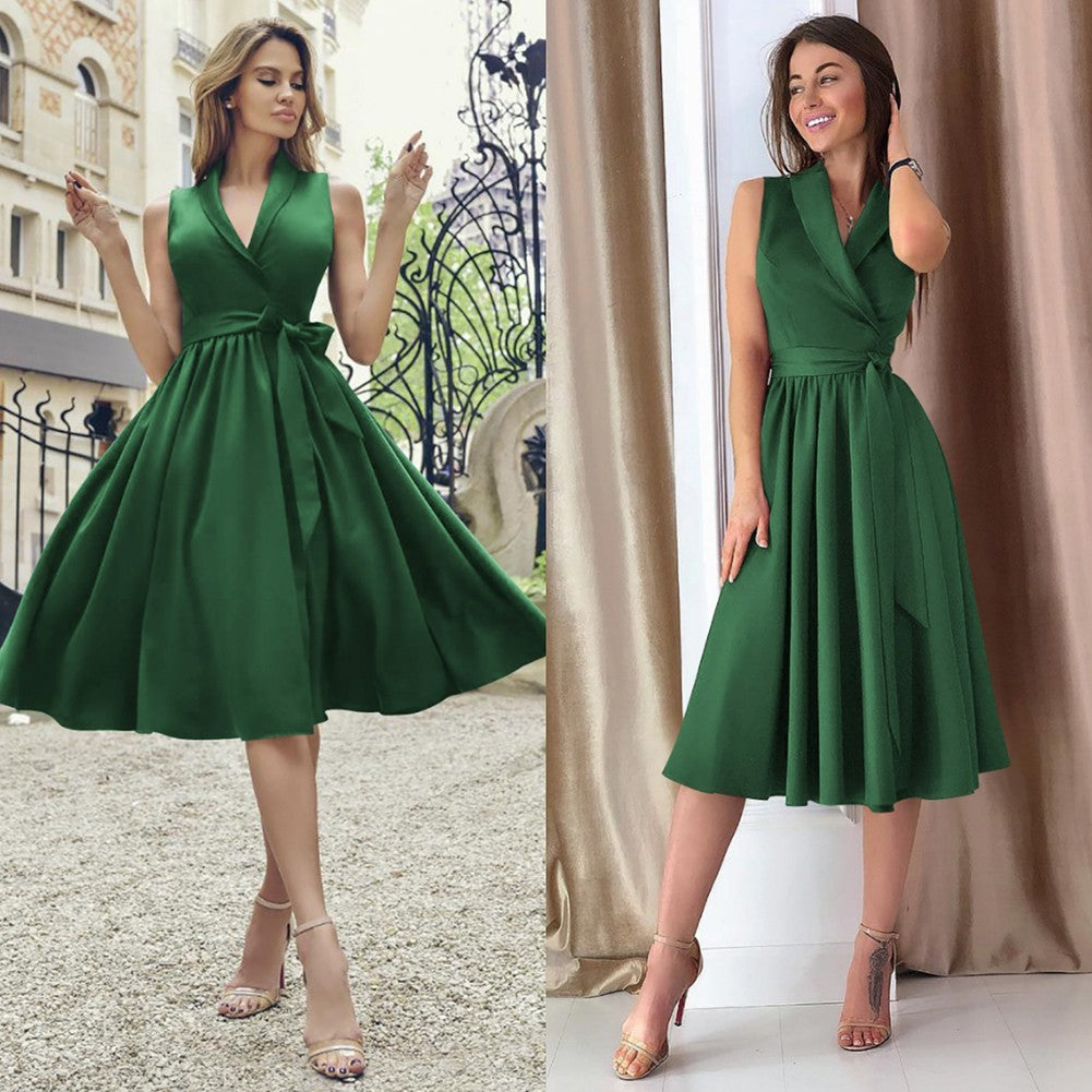 Casual Sleeveless Midi Belt Dress