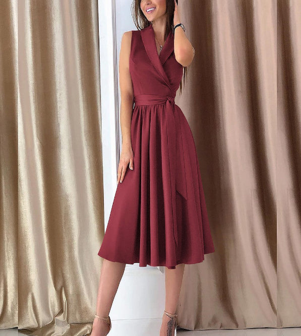 Casual Sleeveless Midi Belt Dress