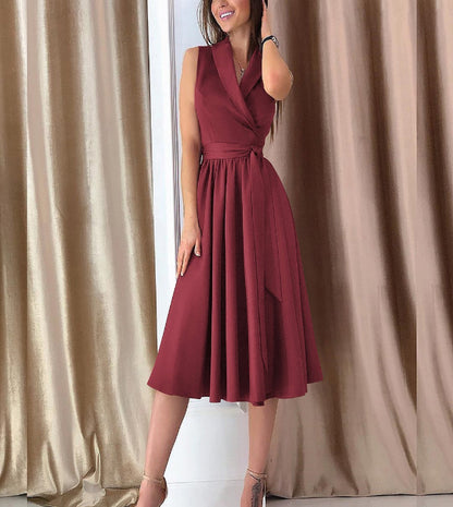 Casual Sleeveless Midi Belt Dress